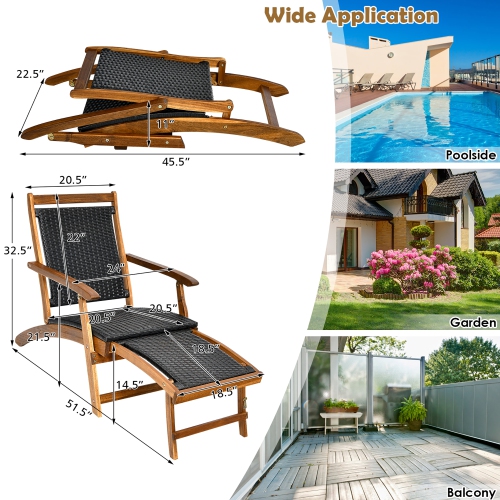 Costway Patio Folding Rattan Lounge Chair Wooden Frame W/ Retractable Footrest