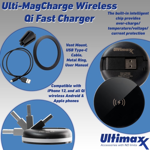 Ultimaxx Ulti-MagCharger Wireless Qi Fast Charger with Built-in USB-A/USB-C Plug, Metal Adhesive Ring, 2ft USB-C to USB-A Cable, and Vent Mount