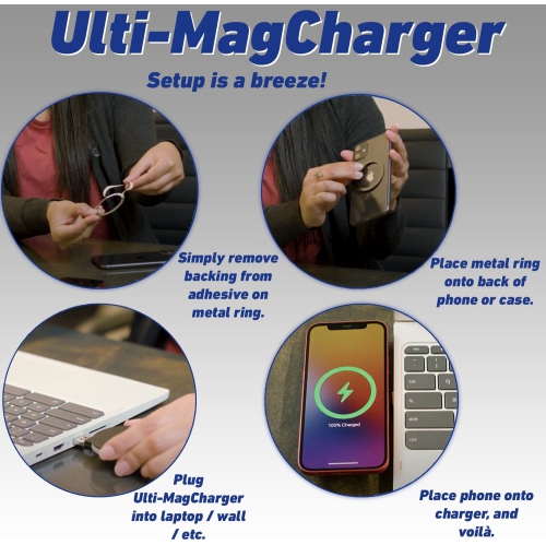 Ultimaxx Ulti-MagCharger Wireless Qi Fast Charger with Built-in USB-A/USB-C Plug, Metal Adhesive Ring, 2ft USB-C to USB-A Cable, and Vent Mount