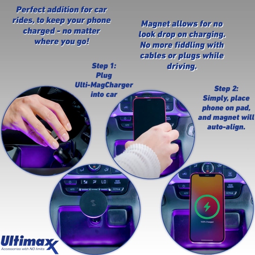Ultimaxx Ulti-MagCharger Wireless Qi Fast Charger with Built-in USB-A/USB-C Plug, Metal Adhesive Ring, 2ft USB-C to USB-A Cable, and Vent Mount