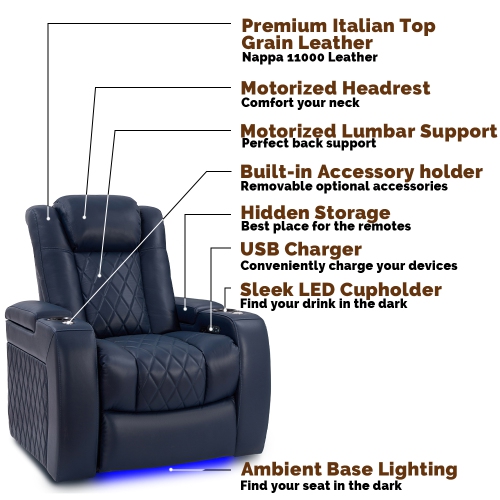 Valencia Tuscany Home Theater Seating | Premium Top Grain Italian Nappa 11000 Leather, Power Reclining, Power Lumbar Support, Power Headrest
