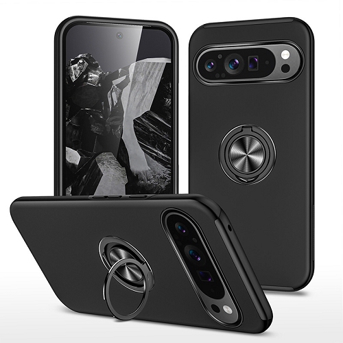 TopSave "Hidden Series" Solid Color PC Back Combine w/Inner Black TPU Bumper Kickstand Armor Case For Google Pixel 9, Google Pixel 9 Pro 6.3", Black