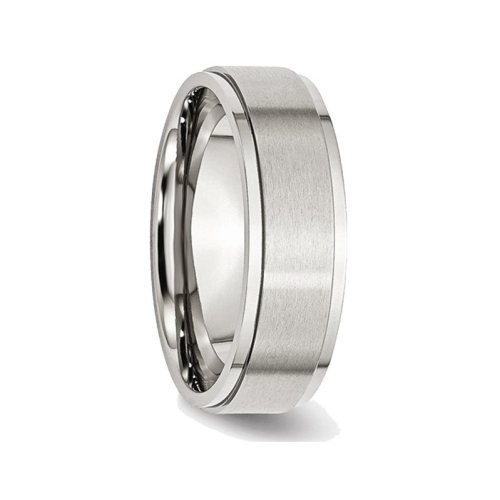 Alliance homme biseautée, 7 mm, acier inoxydable, rainure et coupe confortable