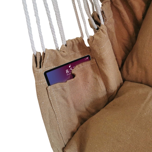 Balançoire en corde pour fauteuil de hamac avec 2 coussins et de l’espace pour un livre sur le côté, couleur kaki pâle