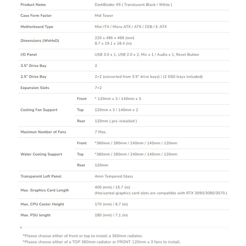 Boîtier d'ordinateur mi-tour ATX Cougar Dark Blader X5, panneau latéral en verre trempé, 1 ventilateurs noirs 120 mm préinstallés, blanc