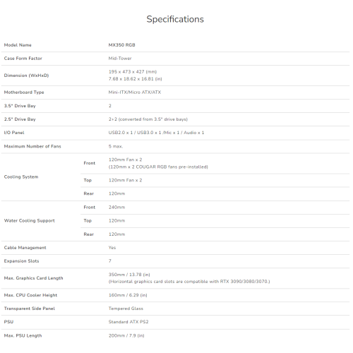 Cougar MX350 RGB Mid Tower ATX Computer Case, Tempered Glass Side Panel, 2x 120mm ARGB Fans Pre-Installed, Black