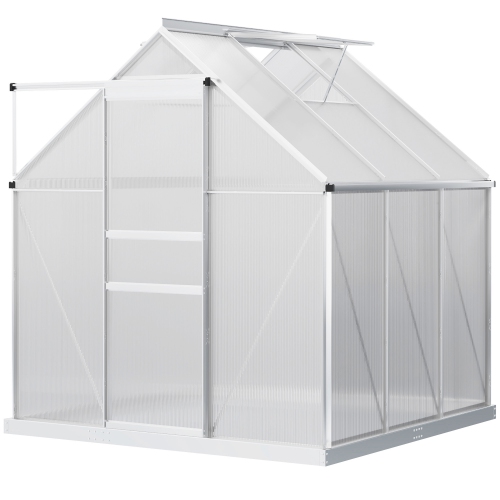 Serre en polycarbonate de 6 x 6 x 6,5 pi, maison verte avec évent de toit réglable, base galvanisée, porte coulissante et gouttière pour l'extérieur,