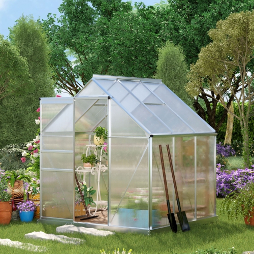 Outsunny 6' x 6' x 6.5' Polycarbonate Greenhouse, Walk-in Green House with Adjustable Roof Vent, Galvanized Base, Sliding Door and Rain Gutter for