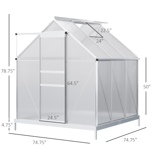 Outsunny 6' x 6' x 6.5' Polycarbonate Greenhouse, Walk-in Green House with Adjustable Roof Vent, Galvanized Base, Sliding Door and Rain Gutter for