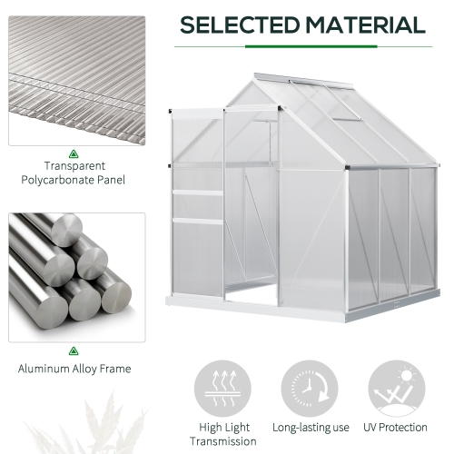 Outsunny 6' x 6' x 6.5' Polycarbonate Greenhouse, Walk-in Green House with Adjustable Roof Vent, Galvanized Base, Sliding Door and Rain Gutter for