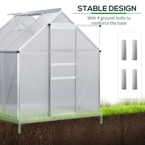 Outsunny 6' x 6' x 6.5' Polycarbonate Greenhouse, Walk-in Green House with Adjustable Roof Vent, Galvanized Base, Sliding Door and Rain Gutter for