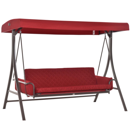 OUTSUNNY  3 Person Porch Swing Bed Patio Swing Chair Bench Hammock Outdoor With Convertible Canopy, Cushion, Pillows for Porch Backyard Garden In Red