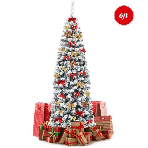 GYMAX  6Ft Snow Flocked Pencil Christmas Tree Artificial Pine Tree W/ Metal Stand