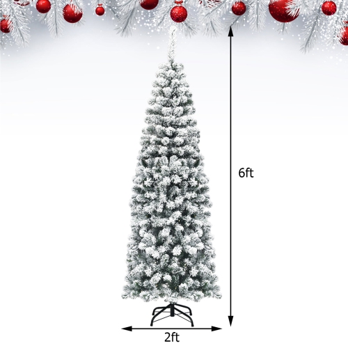 Gymax 6ft Snow Flocked Pencil Christmas Tree Artificial Pine Tree w/ Metal Stand