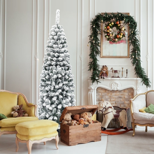 Gymax 6ft Snow Flocked Pencil Christmas Tree Artificial Pine Tree w/ Metal Stand