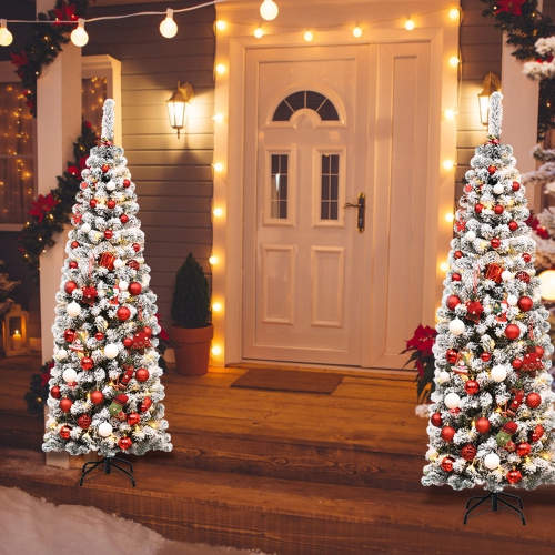 Gymax 6ft Snow Flocked Pencil Christmas Tree Artificial Pine Tree w/ Metal Stand