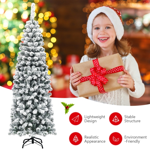Gymax 6ft Snow Flocked Pencil Christmas Tree Artificial Pine Tree w/ Metal Stand