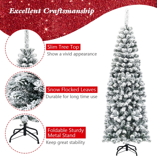 Gymax 6ft Snow Flocked Pencil Christmas Tree Artificial Pine Tree w/ Metal Stand