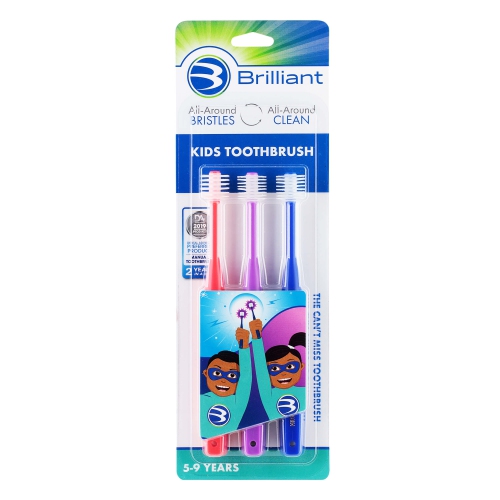 Brilliant Kids Toothbrush for Ages 5-9 Years, Round Head, Super-Fine Bristles Clean All-Around Mouth