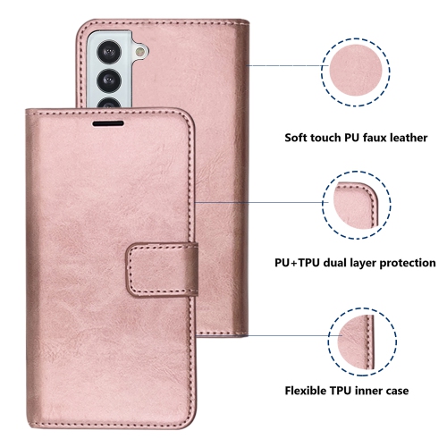 XCRS Leather Folio Premium Wallet for Galaxy S21 FE, PU Leather Pouch with Magnetic Card Slot and Wristband Lanyard with 360° Protection Mobile Case