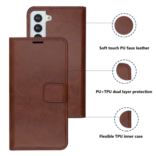XCRS Leather Folio Premium Wallet for Galaxy S21 FE 6.4 inch, PU Leather Pouch with Magnetic Card Slot and Lanyard with 360° Protection Mobile Case &