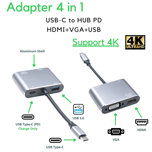 Battpit USB-C to HDMI / VGA Adapter, Type-C Hub Adapter with USB C to HDMI, USB-C to VGA, USB 3.0 Port, Charging Port for Samsung S9/S8/Note 9/8/Appl