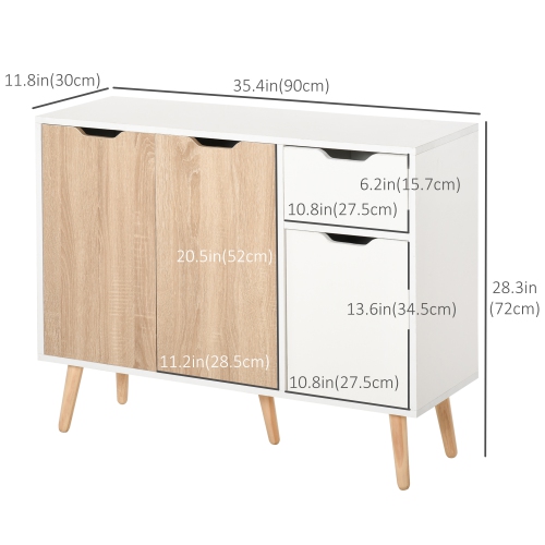 HOMCOM 35" Sideboard, Floor Standing Storage Cabinet with Drawer and Solid Wood Legs, White and Nature Wood