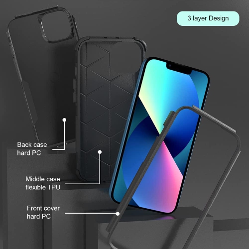 3 layer PC+TPU Case for iPhone 13 6.1” 2021 Compatible with Wireless Charging full degree protection - PrimeCables®- Black