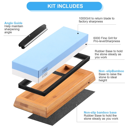 2-Sided Whetstone Knife Sharpening,Professional 2-in-1 Water Stone Knife Sharpener 1000/6000 Grit Kit with Non-Slip Base and Angle Guide