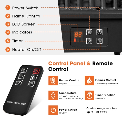 Topbuy 23" Electric Fireplace Log Heater Portable Realistic Ember Bed Fireplace Insert w/ Adjustable Brightness & Temperature