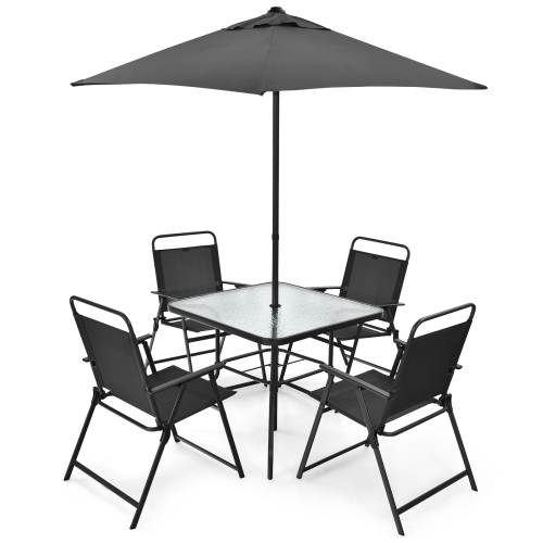 TOPBUY  Patiojoy 6-Piece Patio Garden Table Set Outdoor Folding Chairs & Glass Table Set W/ Umbrella In Grey