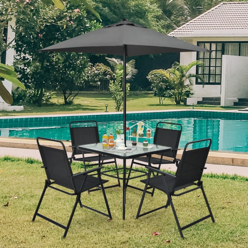 Patiojoy 6-Piece Patio Garden Table Set Outdoor Folding Chairs & Glass Table Set w/ Umbrella Grey