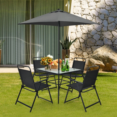 Patiojoy 6-Piece Patio Garden Table Set Outdoor Folding Chairs & Glass Table Set w/ Umbrella Grey