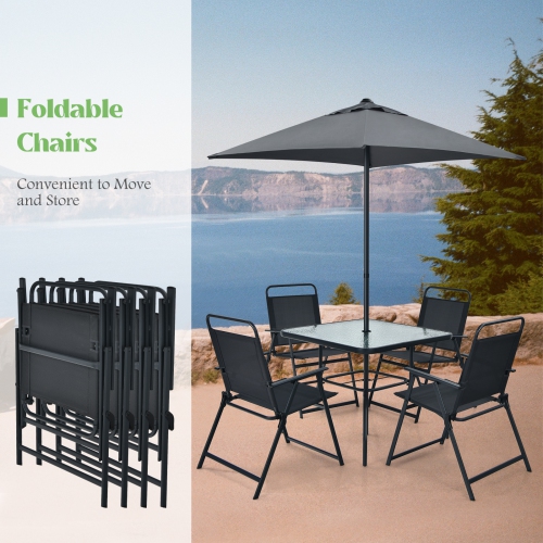 Patiojoy 6-Piece Patio Garden Table Set Outdoor Folding Chairs & Glass Table Set w/ Umbrella Grey