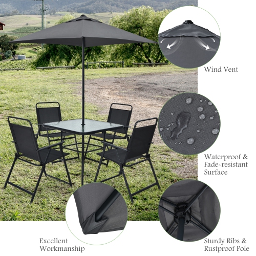 Patiojoy 6-Piece Patio Garden Table Set Outdoor Folding Chairs & Glass Table Set w/ Umbrella Grey