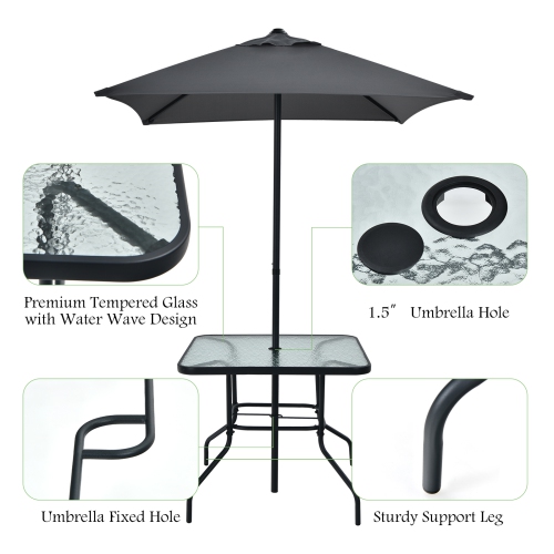 Patiojoy 6-Piece Patio Garden Table Set Outdoor Folding Chairs & Glass Table Set w/ Umbrella Grey