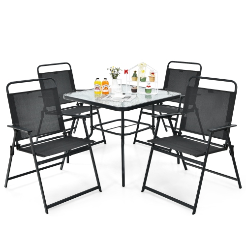 Patiojoy 6-Piece Patio Garden Table Set Outdoor Folding Chairs & Glass Table Set w/ Umbrella Grey