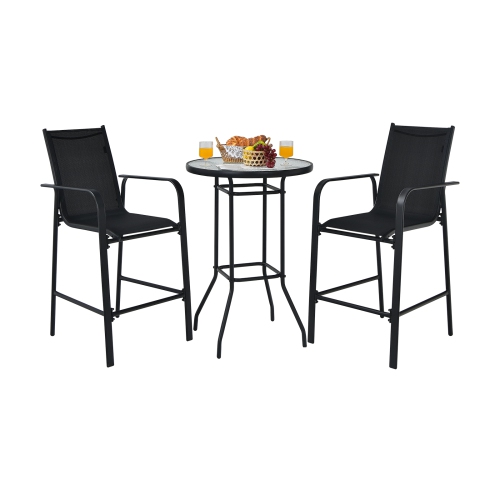 Patiojoy 3 PCS Patio Bistro Set Outdoor Table & Chairs Set w/Tempered Glass Top Black