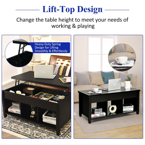 Costway Lift Top Coffee Table w/ Hidden Compartment and Storage Shelves Black