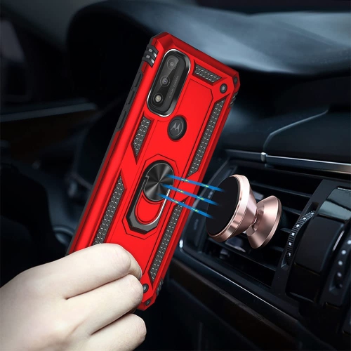 Anti-Drop Hybrid Magnetic Hard Armor Case with Ring Holder for Motorola Moto G Pure 2021 / G Power 2022 / G Play 2023, Red