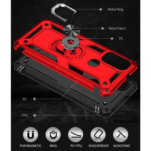 Anti-Drop Hybrid Magnetic Hard Armor Case with Ring Holder for Motorola Moto G Pure 2021 / G Power 2022 / G Play 2023, Red
