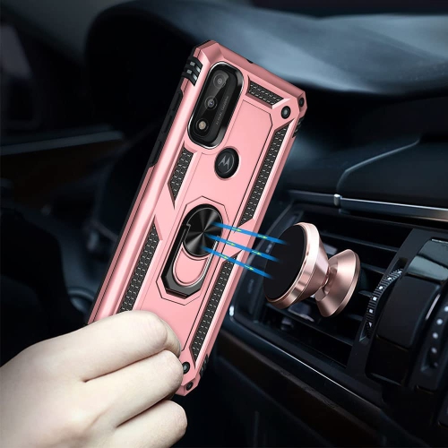 Anti-Drop Hybrid Magnetic Hard Armor Case with Ring Holder for Motorola Moto G Pure 2021 / G Power 2022 / G Play 2023, Rose Gold