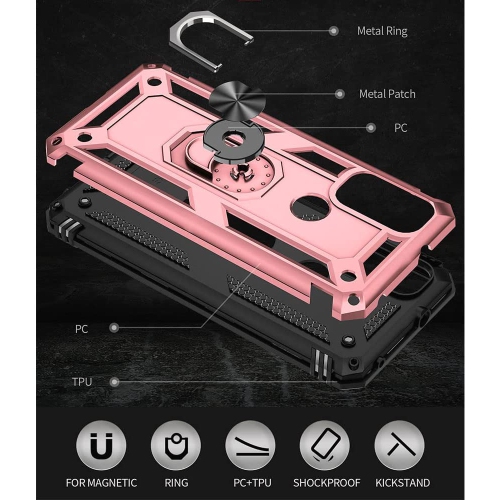 Anti-Drop Hybrid Magnetic Hard Armor Case with Ring Holder for Motorola Moto G Pure 2021 / G Power 2022 / G Play 2023, Rose Gold