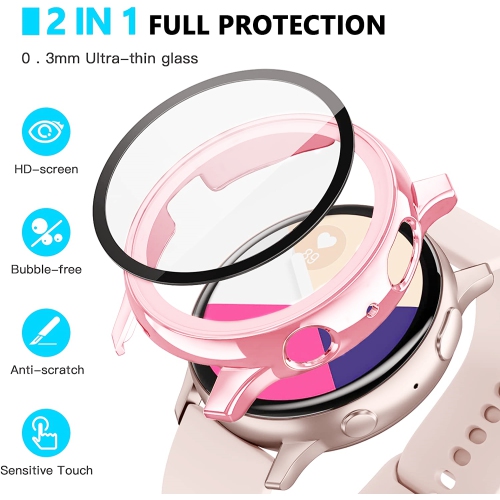 étui Housse de protection robuste avec protecteur d'écran en verre trempé pour Samsung Galaxy Active Watch 2, 44 mm, or rose