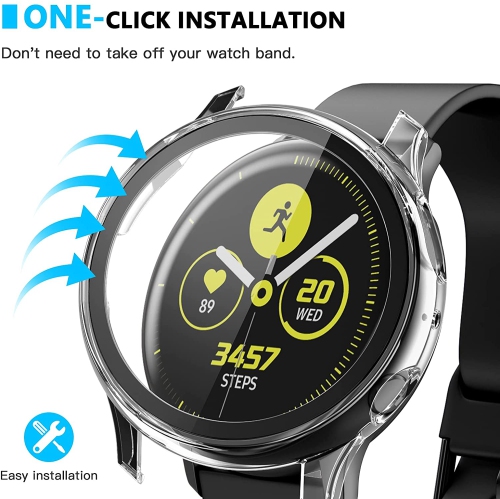 étui Housse de protection robuste avec protecteur d'écran en verre trempé pour Samsung Galaxy Active Watch 2, 44 mm, transparent