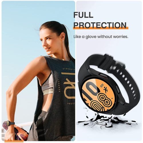 360°Full Protective Rugged Case Cover with Tempered Glass Screen Protector for Samsung Galaxy Watch 4, 44mm, Black