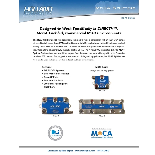 Holland Coaxial Splitter, 2-Way, MoCa Enabling, 2-2150Mhz, DirecTV Approved