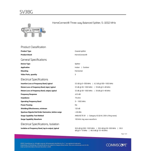 Commscope SV-3BG 3-way Balanced Coaxial Splitter, 5-1002 Mhz