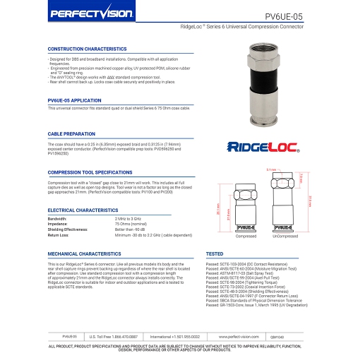 Perfect Vision PV6UE-05 'Ridgeloc' Universal Fit RG6 Coax Cable Compression Connectors, Bag of 50