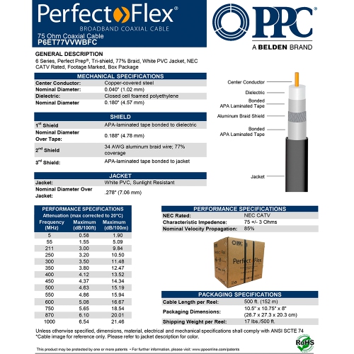 Perfectflex Coaxial Cable 6 Series 500Ft RG6 Trishield 77Braid Copper Clad Steel